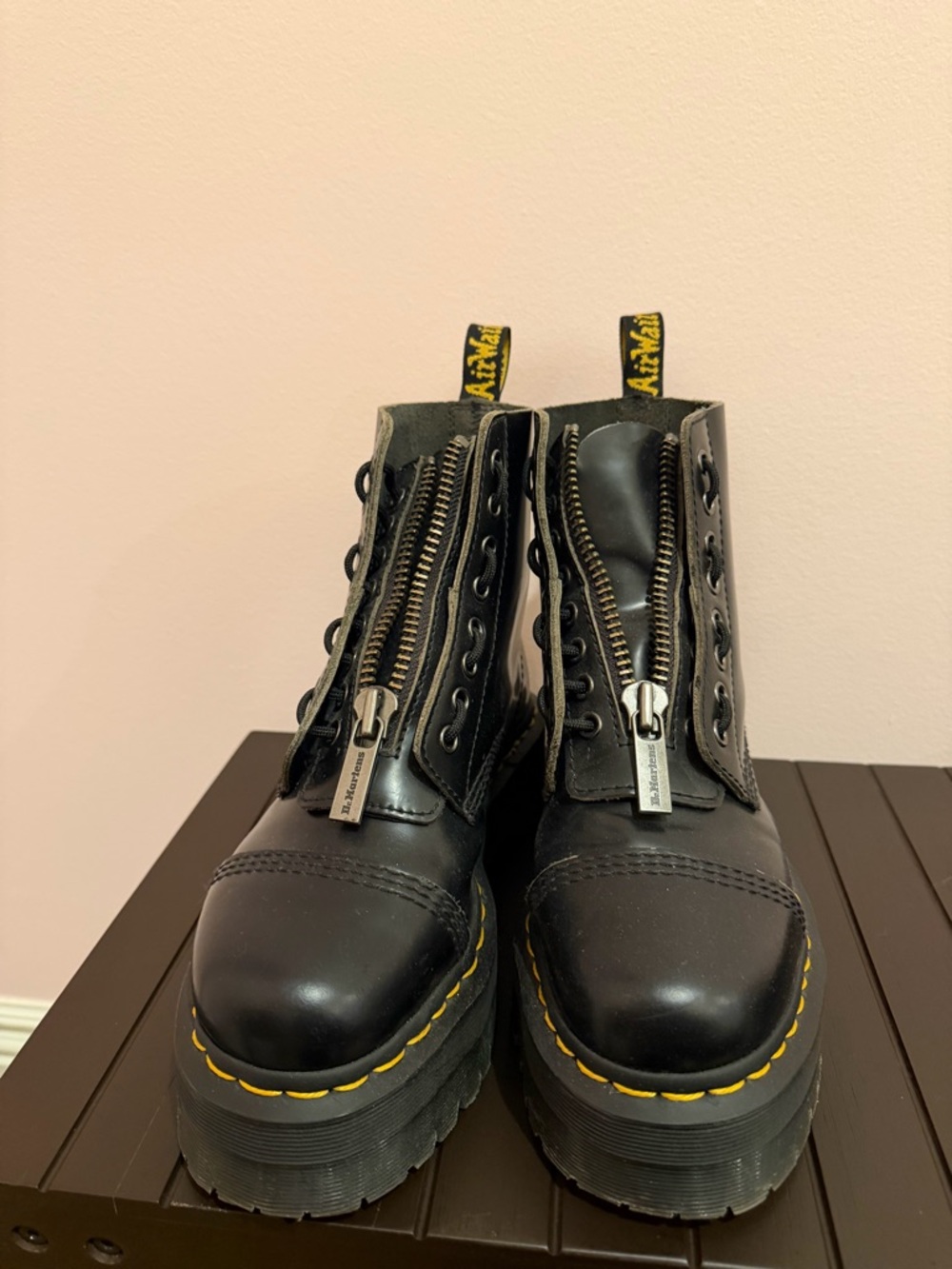 Dr. Martens Black Leather Platform Zip Combat Boots with Yellow Stitching